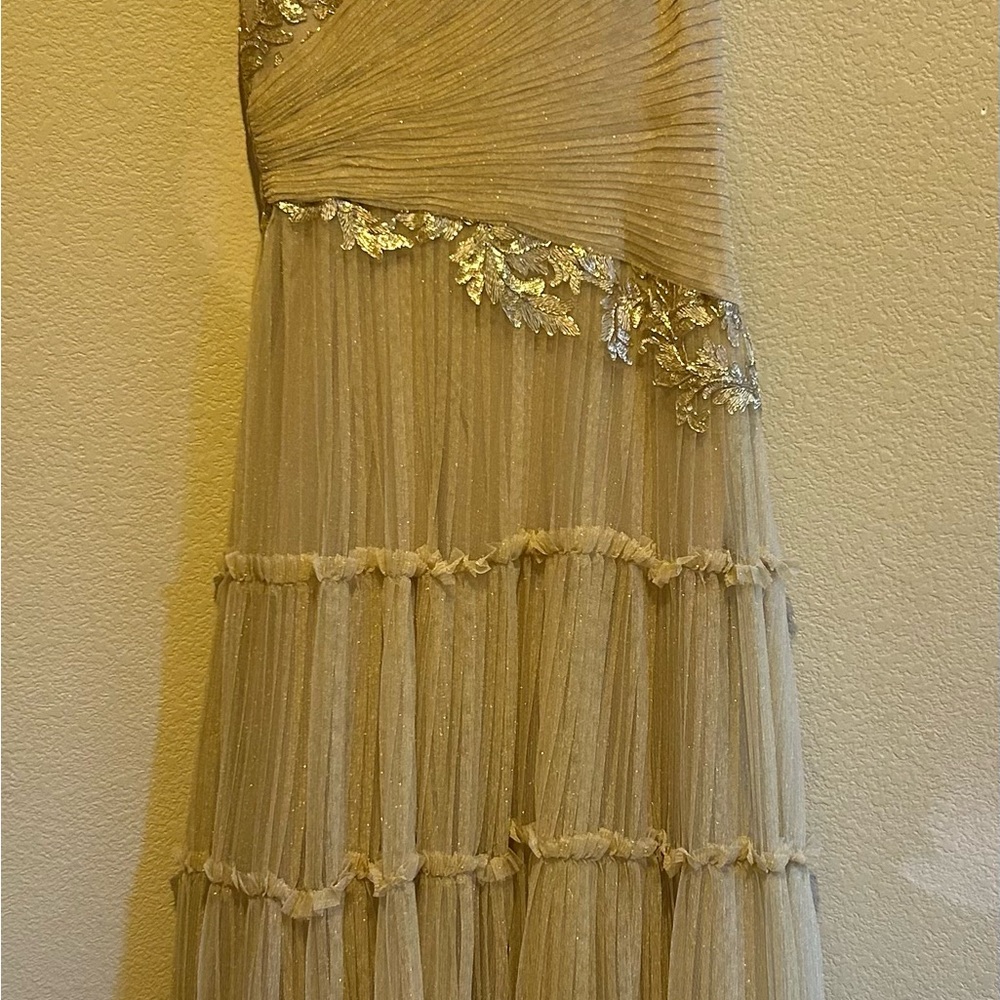 Tadashi Shoji Gold One Shoulder Pleated Gown - Picture 3 of 8